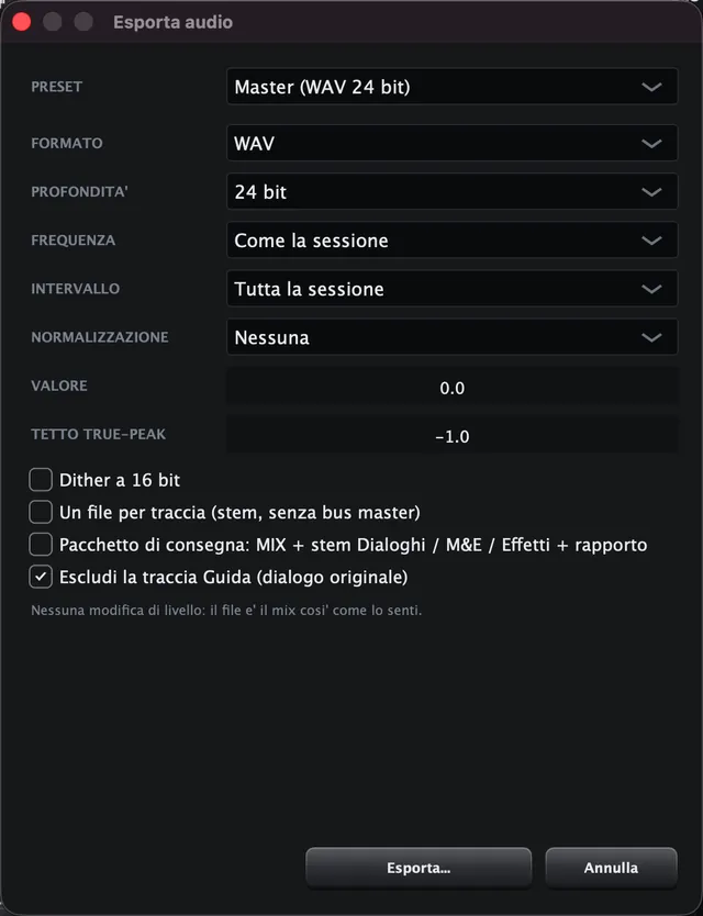 Finestra di esportazione