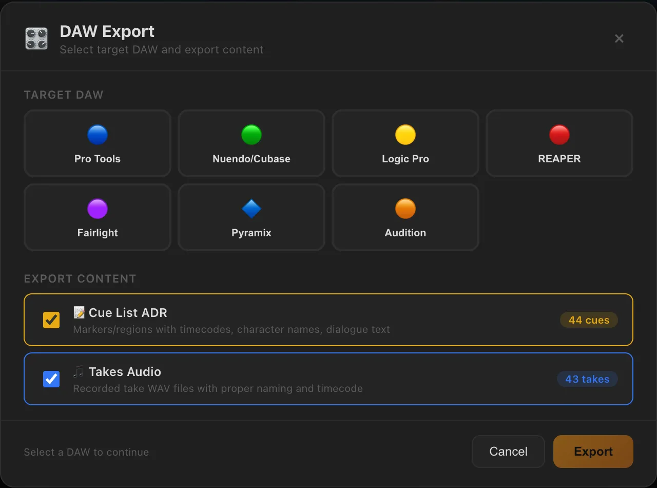 Pannello DAW Export